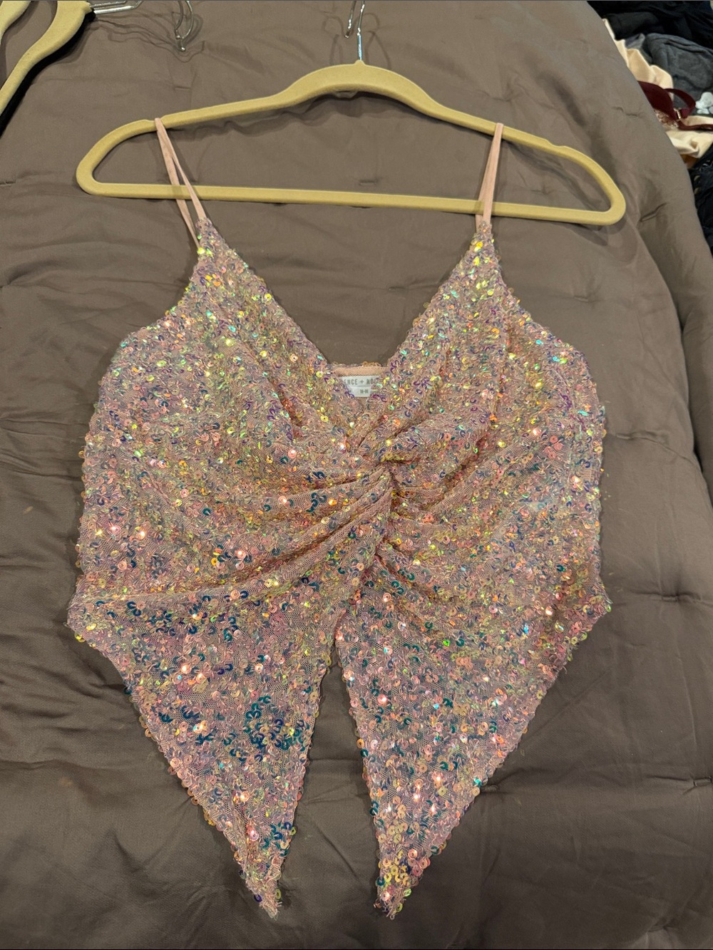 Iridescent Sequin Pink/Peach Handkerchief Hem Cami Top